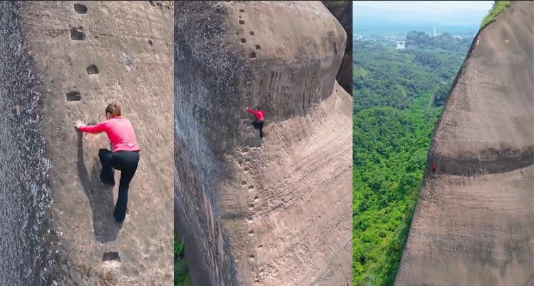 ஹாலிவுட் நடிகர் டாம் குரூஸ்யை மிஞ்சிய சிங்கப்பெண்… பாதுகாப்பு உபகரணம் ஏதுமின்றி செங்குத்து மலை மேல் ஏறிய பெண்மணி…